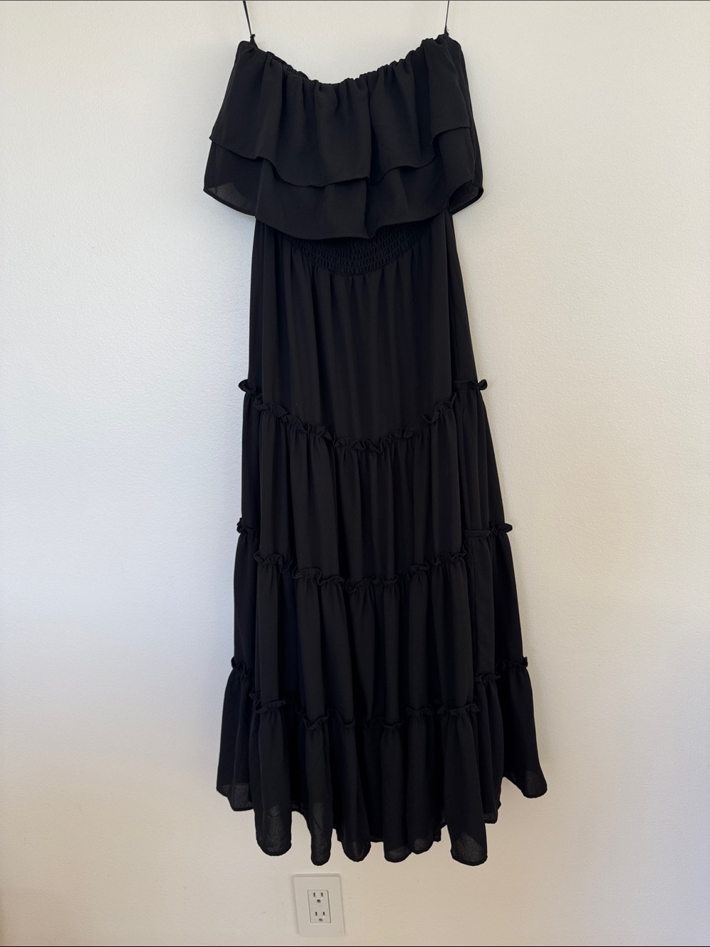 Black Tiered Ruffle Strapless Maxi Dress